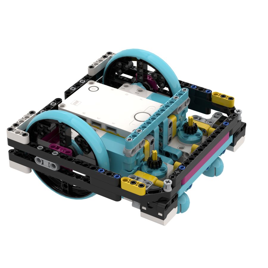 DroidBot E — a square SPIKE Prime base robot with a full beam frame around the hub
