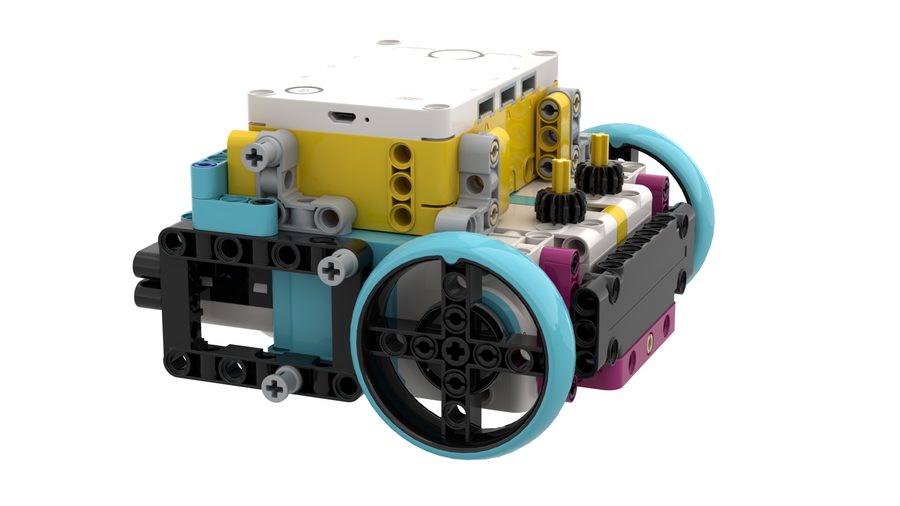 DroidBot M — a low, wide SPIKE Prime base robot on large blue wheels