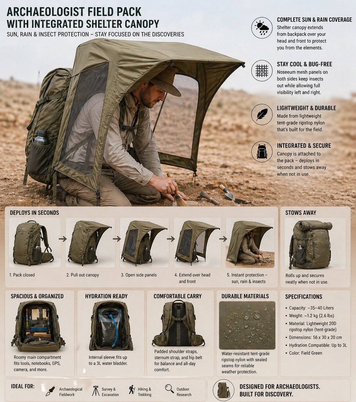 Final product concept: Archaeologist Field Pack with Integrated Shelter Canopy — sun, rain, and insect protection